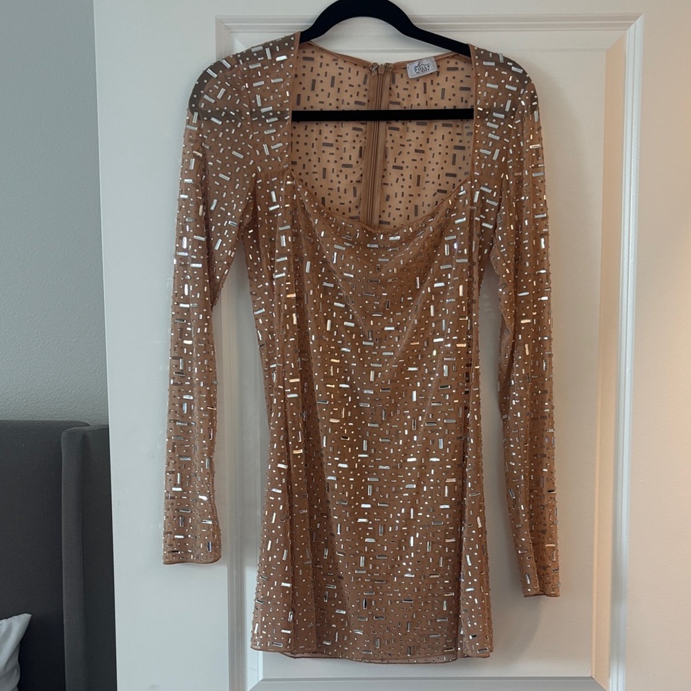 Oh Polly Nude Sequin Long-Sleeve Mini Dress